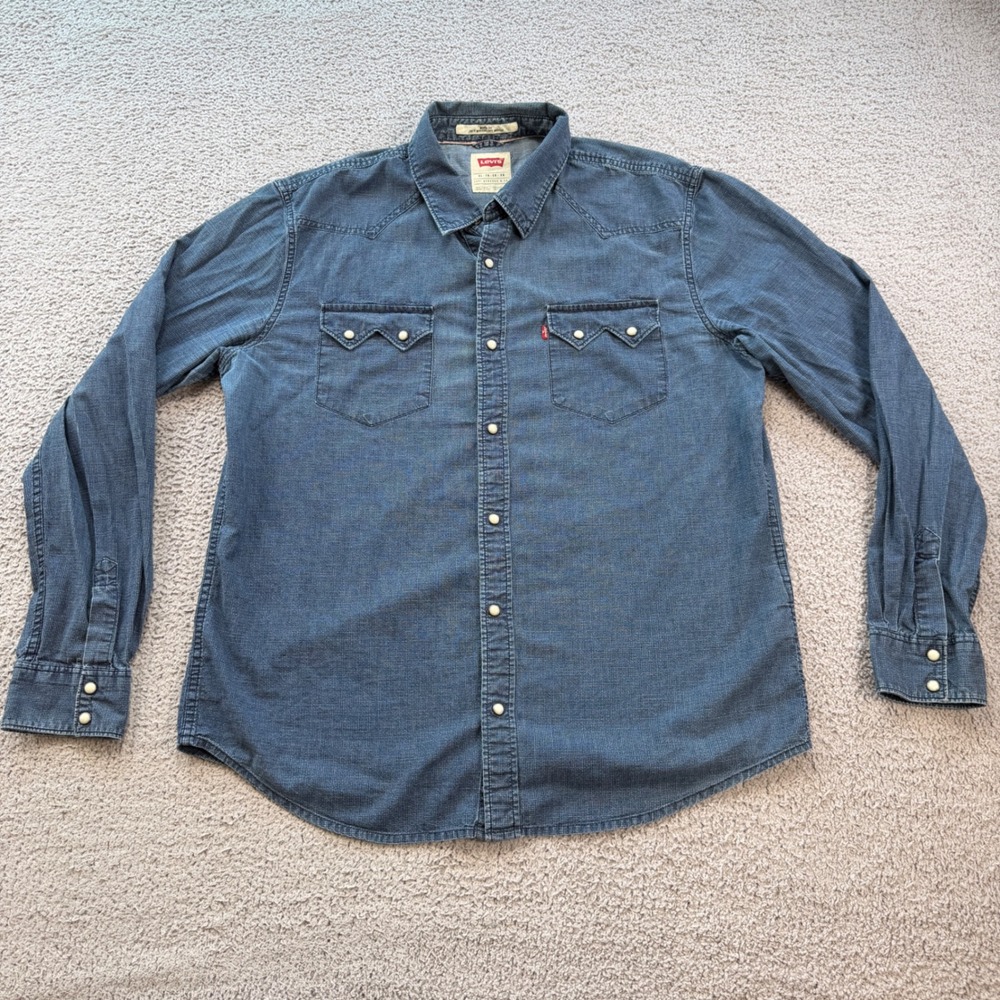 Levi's Mens XL Blue Denim Western Pearl Snap Shirt Modern Fit
